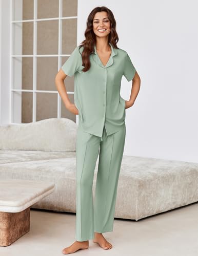 Image of Ekouaer Pajamas for Women Set Button Up Short Sleeve Pjs Sets With Pockets | Soft Womens Sleepwear,V Neck,Notch Collar,2 Piece Classic Loungewear With Long Pant for Sleep,Lounge,Fall