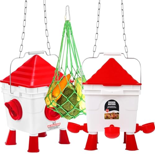 Mangeoire Poules et Abreuvoir, Mangeoire Poule Automatique, Capacité 6Kg et 8.5L, Mangeoire à Suspendue, Anti-Gaspillage Sac Net de Fruits et de Légumes avec Crochet pour Poules Canards Volaille