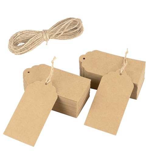 Belle Vous Lot de 200 Étiquettes Kraft Marron avec Ficelle - 5 x 10 cm - Étiquette Cadeau Personnalisé en Carton - Etiquette pour Noel - Mariage -...