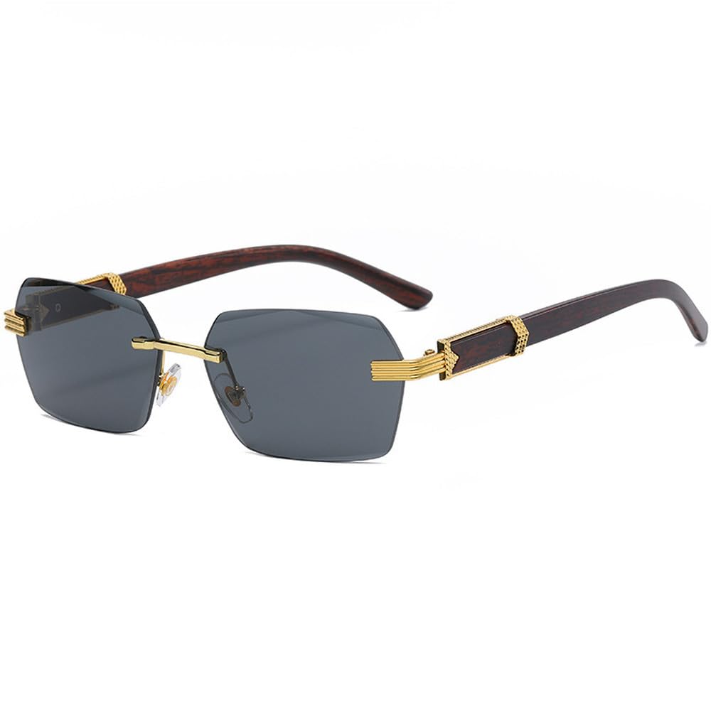 Occhiali da sole vintage senza montatura con aste in legno, forma quadrata, senza montatura, alla moda, con lenti sfumat