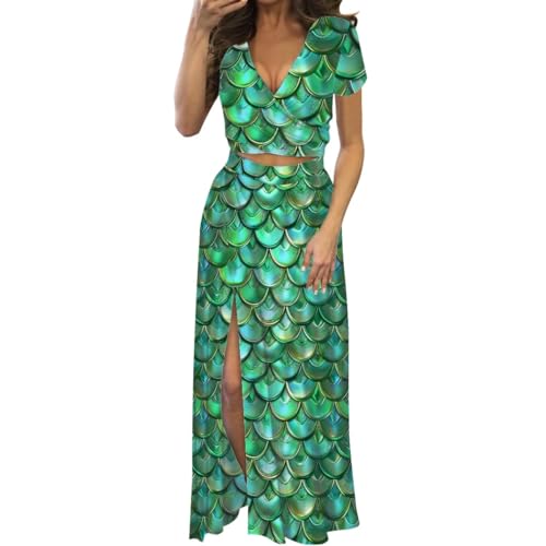 Amazon.com: GZFKELIOI Women 2 Piece Dress Sets Mermaid Scales Printed  V-Neck Wrap Crop Top Side Slit Maxi Skirt Outfits,Aqua Green Fish Scales,S  : Clothing, Shoes & Jewelry