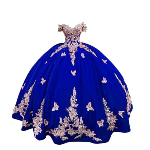Mauuwy 2024 Velvet Quinceanera Dresses with Gold 3D Floral Butterflies Lace Off The Shoulder Sweet 16 Prom Dresses YMX165