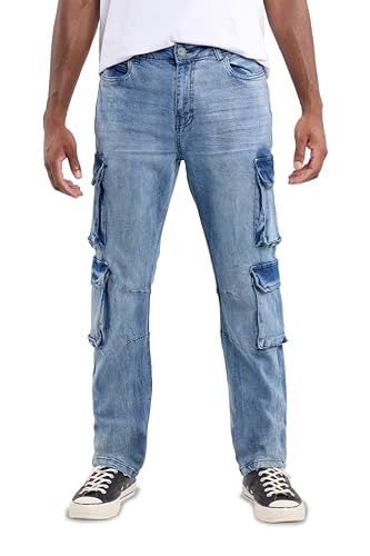 X RAY Men's Straight Fit Double Cargo Pockets Stretch Denim Jeans, Cotton Casual Pants for Men