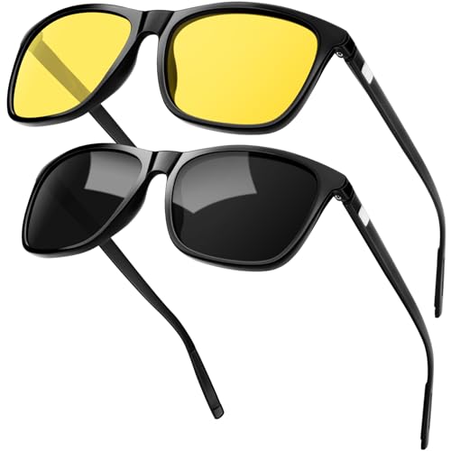 KANASTAL 2 Pack Gafas Conduccion Nocturna Hombre y Mujer Polarizadas Gafas de Sol Negras Amarillas Cuadradas Retro Vintage Protección UV400 - Amarillo Negro + Negro