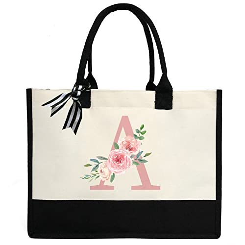 Bolsa feminina de lona com inicial personalizada, bolsa de praia com bolso interno com zíper para casamento, aniversário, praia, férias, A, Large