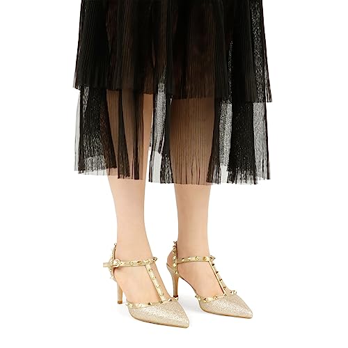 Hecater Kitten Heels Strappy Sandals For Women Slingback Pumps Closed Toe Sandals Gold Glitter 6 Us #TOP4