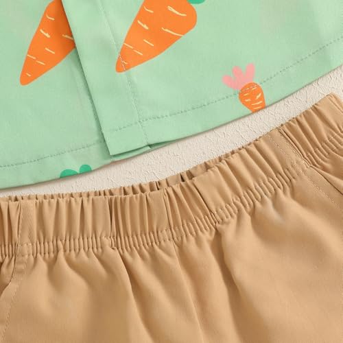 Image of Owl's-Yard Baby Boy Easter Outfits Rabbit Carrot Short Sleeve Button Down Shirts and Solid Color Shorts 2 Pcs Summer Set