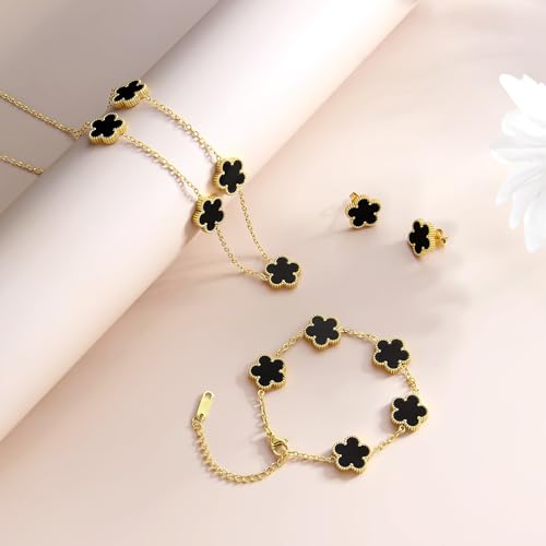 AmorArtSky Lucky Clover Jewelry Set - 18K Gold Plated Flower Design Five Leaf Bracelet, Necklace Pendant, Earrings for Women - Lucky Gifts for Mom, Wife, Daughter, Friends4