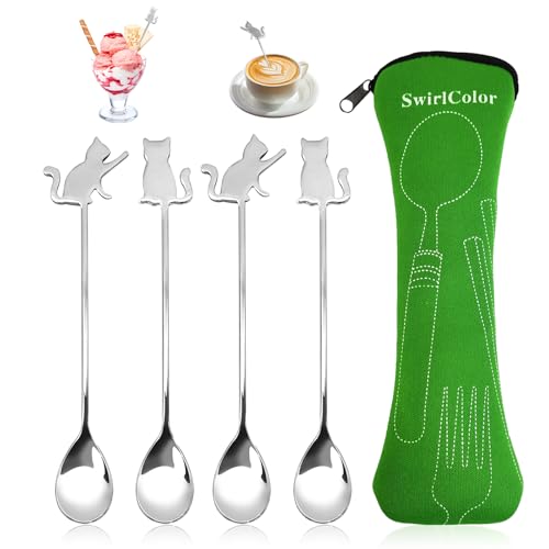 SwirlColor Dessert Spoons 4pcs, Lovely Stainless Steel Cat Spoons Cute Coffee Ice Cream Tea Cake Small Spoons with Cutlery Bag for Home Camping Picnic