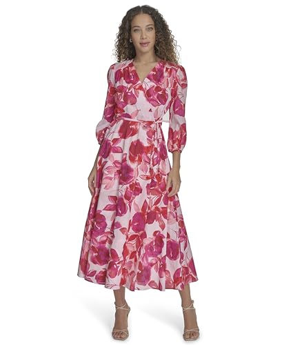Image of Calvin Klein Women's 3 /4 Balloon Sleeve V-Neck Tie Waist Fit & Flare Midi Dress