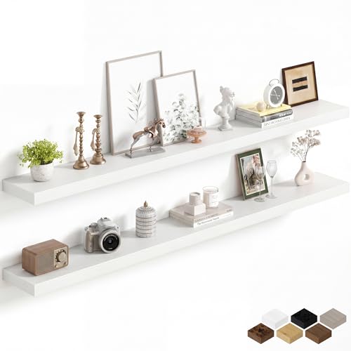 Image of Fun Memories 67Inch Long Floating Shelves, 8 Inch Deep Shelves for Bedroom|Living Room, Wall Mounted Wood Hanging Shelf with Invisible Brackets for Fireplace Mantel Home Storage Decor, White - 2 Pack