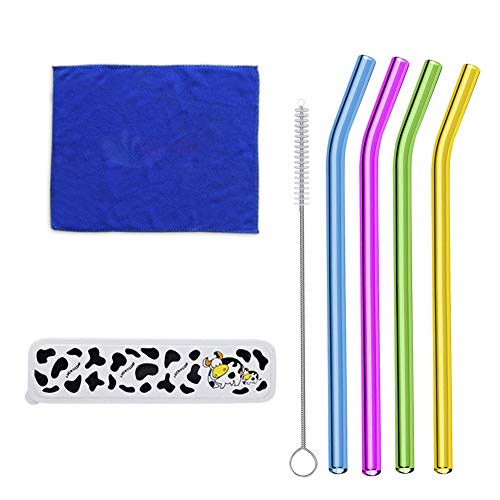 VILA Colorful Glass Drinking Straws with Brush, Comfortable, Reusable, Eco-Friendly, Ergonomically Bent, BPA-Free, Rust-Proof, Scratch-Proof, Dishwasher Safe, Set Includes 4 Straws, 1 Brush, 1 Cloth