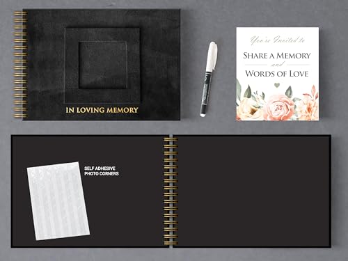 Image of Funeral Guest Book for Memorial or Celebration of Life - Velvet Hardcover with Photo Frame - Includes Pen or Marker and Sign (Black - Large)