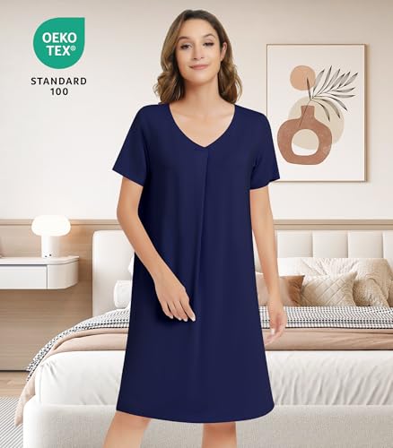 Image of NACHILA Nightgowns for Women-Viscose Made from Bamboo,Short Sleeve Nightshirts V Neck Sleep Shirt Loose Sleep Dress
