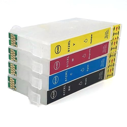 BJ-INK 812XL T812XL Sublimation Ink Cartridges, Empty Refillable Ink Cartridges with Chip Compatible with WF-3820 WF-3825 WF-4830 WF-4835 WF-7840 WF-7820 EC-C7000 Printers (4PCS with Chip)