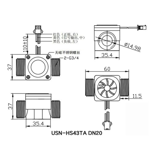 Sensor de caudal de agua HS43TA 1-60L/min G3/4 pulgadas con conector negro SM2.54 de 24V 4