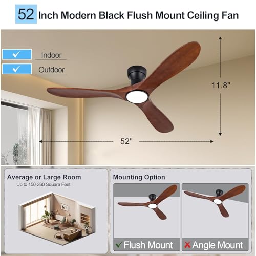Image of 52 Inch Wood Flush Mount Ceiling Fans with Lights and Remote, Dimmable 3 Blade Wood Bedroom Ceiling Fan with Lights Low Profile Ceiling Fans with Light Outdoor Ceiling Fan for Patios Bedroom