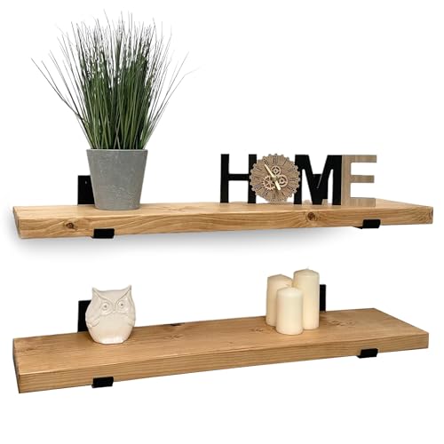 MKGT Handcrafted Rustic Wooden Floating Shelves Wall Mounted with Black L Brackets Made in the UK from Solid Timber Kitchen & Living Room (Set of 2 50cm)