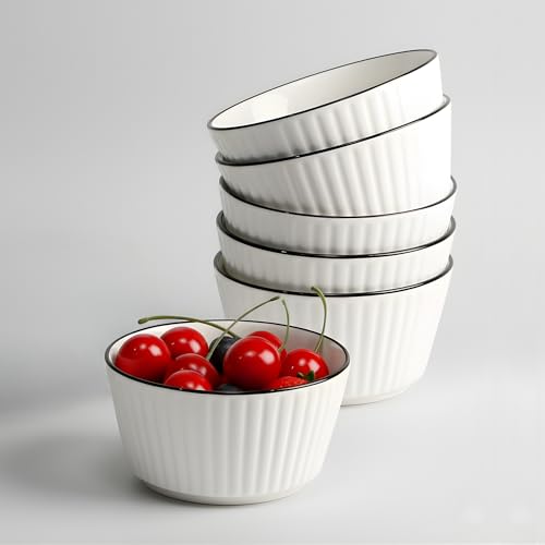 Image of Elegant White Ceramic Dessert Bowls with Black Rim - Set of 6, Ribbed Design, Perfect for Ice Cream, Desserts, Snacks, and More (6 Round Bowls)