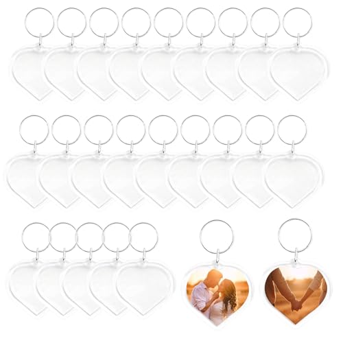 QUUPY 25 llaveros de acrílico transparente con forma de corazón en blanco para fotos, llavero con marco de fotos, llavero personalizado para regalos familiares