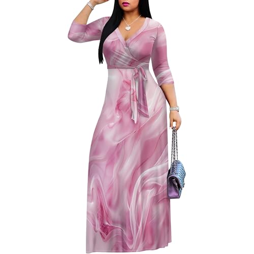 Image of PinkPatty Women's Print Maxi Dresses 3 /4 Sleeve Flowy Long Dress V Neck Wrap Tie Waist Sundress