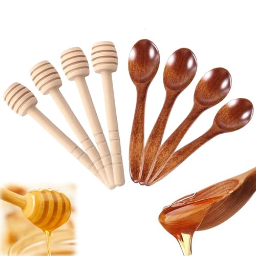 8 Pcs Wooden Honey Dippers & Spoons Set Natural Wood Honey Stirrer Sticks and Mini Wooden Spoons for Honey Jam Syrup Tea Baking Kitchen Use