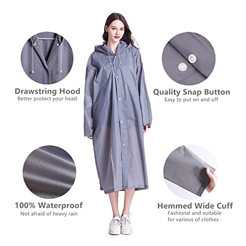 ELECDON Raincoat Rain Poncho for Adults, 1 Pack EVA Rain Poncho for Women and Men Reusable Raincoat Jacket Packable for Family Fishing/Travel/Emergency/with Hood and Elastic Sleeving (Grey), 8*12INCH