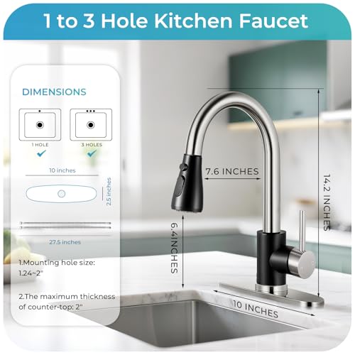 Image of Kitchen Faucet with Pull Down Sprayer - Black & Nickel Single Handle Kitchen Faucets, High Arc Stainless Steel Pull Out Kitchen Sink Faucet with Deck for RV Laundry Farmhouse Bar