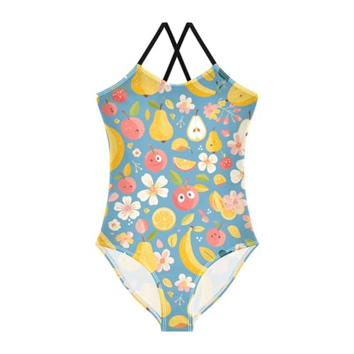 KLL Cute Fruits Bananas Apples Pears Scandinavian Style Girl 1-Piece Bathing Suit Beach Swimwear with Adjustable Straps