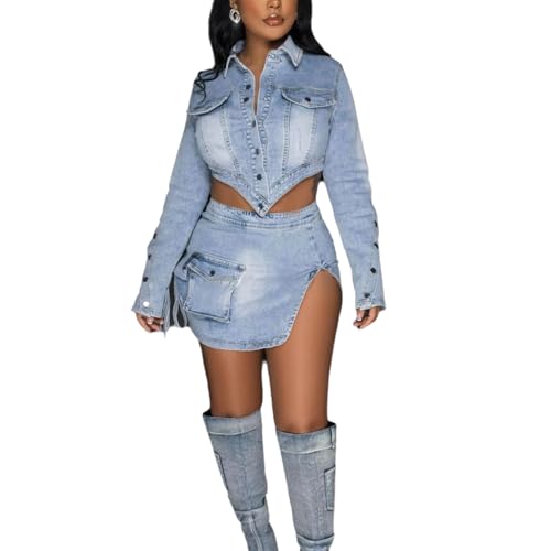 Amazon.com: Women 2 Piece Denim Skirt Set Long Sleeve Button Down