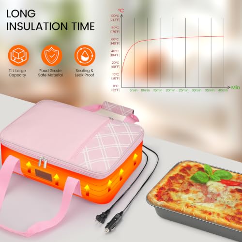 Image of Food Warmer Electric Casserole Carrier - Large Heated Lunch Bag for Car Truck,12V /24V /110V,Thermos for hot Food for Potluck Cookouts Parties Picnic,Lasagna Lugger,Fits 9 inchx13 inch Baking Pan (Pink)