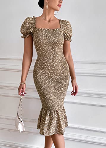 Prettygarden Women's Summer Floral Midi Bodycon Dresses Short Puff Sleeve Square Neck Ruffle Hem Mermaid Cocktail Dress (Khaki,Small) #TOP1