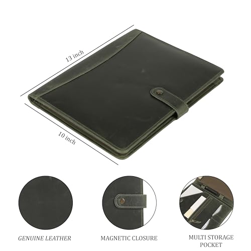 Image of KomalC Leather Portfolio Folder with Button Closure | Business Padfolio for Professionals | Vintage Organizer with Legal Pad Holder, Card Slots & Document Pockets (Green)