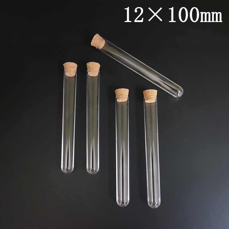 100Pcs Plastic Test Tubes with Corks Dia 12mm to 25mm Transparent Party Candy Bottle with Round Bottom,Wedding Gift Vial(12X100mm)