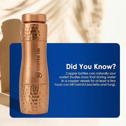 Image of VIRGIN Foodgrade 99.9% Pure Copper Water Bottle- Leakproof, Joint Free, No Lead, BPA-Free - Ayurvedic Health Benefits- Made in India- Contemporary Modern Hammered Glossy Finish (1L)