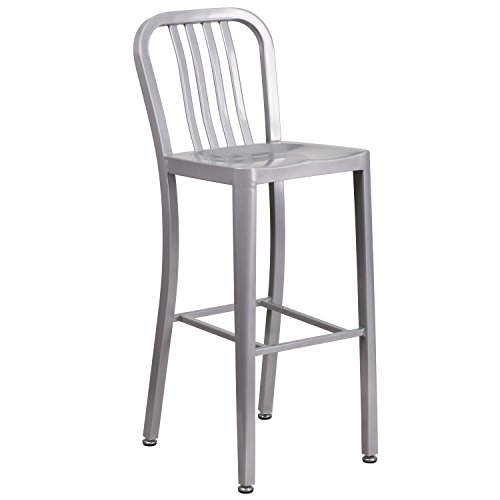 Flash Furniture 30" High Silver Metal Indoor-Outdoor Barstool with Vertical Slat Back