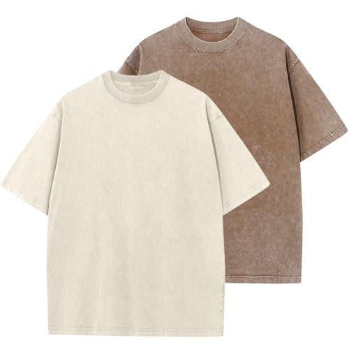 Image of Men's Oversized Cotton T-Shirts Loose Fit Vintage Washed Tee Unisex Short Sleeve Casual Shirts Tops