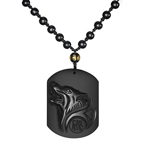 Obsidian Wolf Head Pendant Genuine Natural Stone Carved Amulet Healing Pendant Necklace