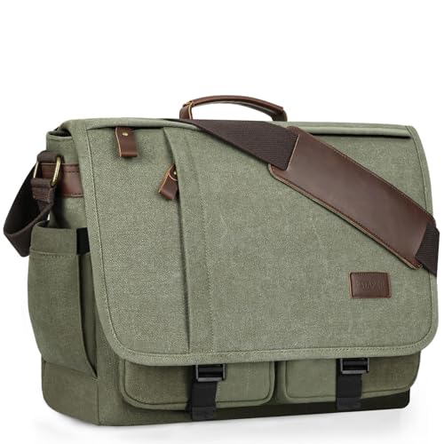 Image of ESTARER Messenger Bag 17.3 Inch, Mens Computer Bag Water-resistant Canvas, Laptop Bag Satchel Briefcase for Teacher /College /Work /Travel, Army Green