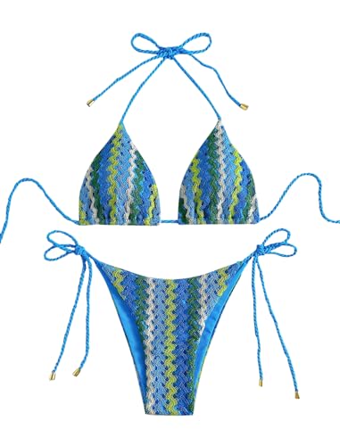 Image of ZAFUL 2 Piece Triangle Bikini for Women Knitted Rope Halter Bikini Sets Sexy Bathing Suit Side Tie Swimsuits Beachwear
