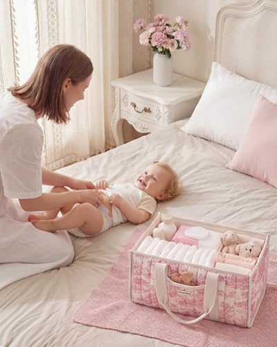Image of Blissful Diary Toile Diaper Caddy Organizer, Stylish Nursery Storage Basket, Gift for Baby Shower, Newborn Essentials, Registry Search Must Haves, Pink Toile