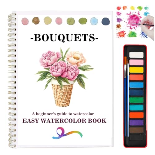 Watercolor Workbooks Coloring Book Beginner Friendly Painting Kit Easy Nature Scenes Paint Set Art Crafts for Creative Exploration Gift for Adults (Bouquets, with Palette)
