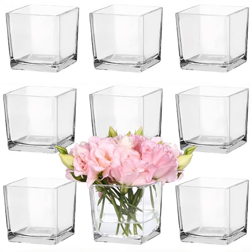 CONNOO 9 Pack 4 x 4 x 4 Clear Square Glass Vase for Centerpieces