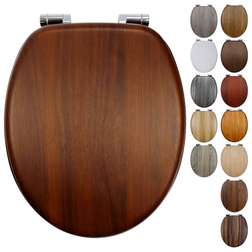 Fanmitrk Walnut Toilet Seat Wood Soft Close with Adjustable Solid Zinc Alloy Hinges, MDF Wooden Oval Toilet Seat with Bottom Fixings, Easy to Clean and Install (JH7406-01)