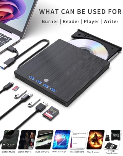 Image of External CD DVD Drive,9 in 1 USB 3.0 and Type-C CD Burner Player Writer with 4 USB Ports and 2 TF /SD Card Slots,Ultra Slim Optical Disk Driver for Laptop Mac PC Windows Linux OS