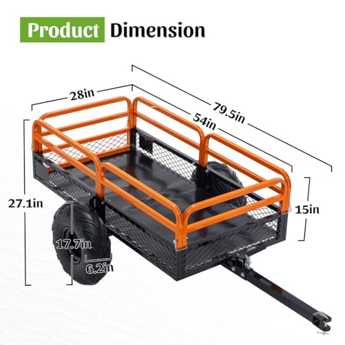 Carretilla remolque volquete de acero resistente de 1500 lb, 15 pies cúbicos, con volcado por doble control, neumáticos neumáticos de 17.7", estructura reforzada para ATV, UTV, tractor de césped y jardinería miniatura 7