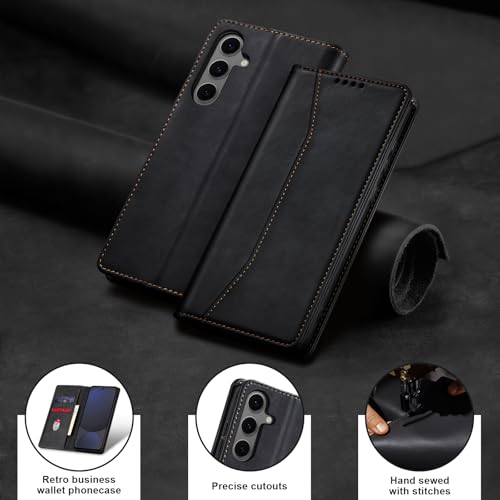 Image of Jasonyu Flip Wallet Case for Samsung Galaxy S24 FE,Leather Magnetic Folio Cover with Card Holder,Kickstand - TPU Shockproof Durable Protective Phone Case,Black