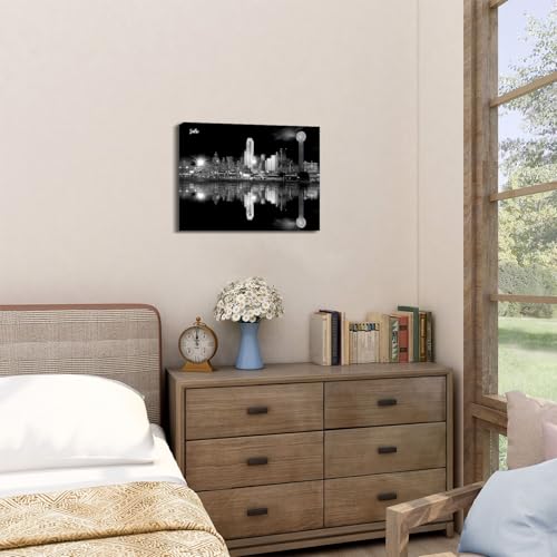 Image of Dallas Skyline Wall Art Black and White City Wall Decor for Living Room Office Picture Texas Cityscape Landscape Canvas Prints Poster Modern USA Skyscraper Panorama Artwork Home Decoration 12x16 inch