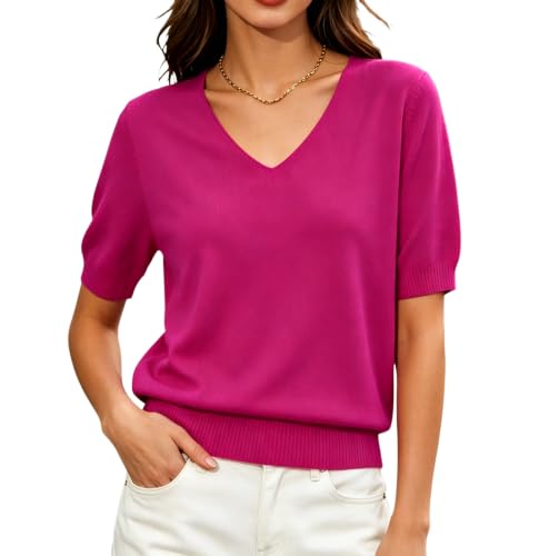 Image of DAIMIDY Women's Short Sleeve Sweater V Neck Summer Knit Tops