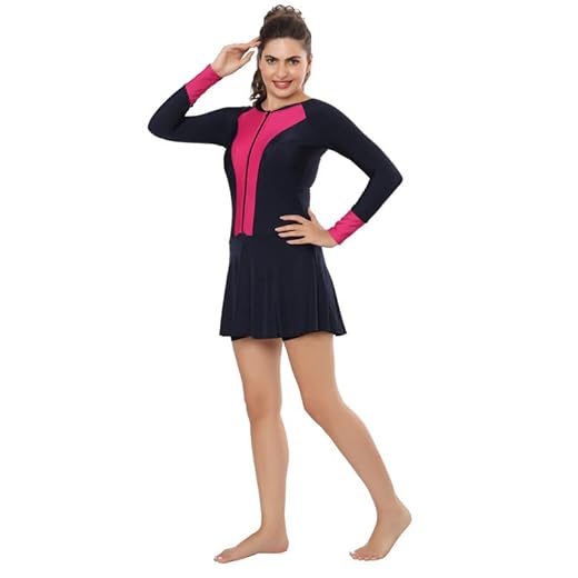 BOSKY Swimwear Frock Style Front Zipper Full Sleeves with Removable Pad Short Tights for Girl and Women, 4 Way Stretch (Navy-Rani_L)